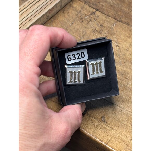 Silver Square Initial M Cufflinks With Gold Lettering - Elegant Mens Accessory - Picture 2 of 9